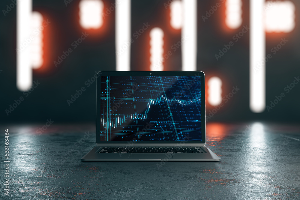 Poster Close up of laptop with forex background on screen at abstract workplace with blurry lights. Workspace and technology concept. 3D Rendering.