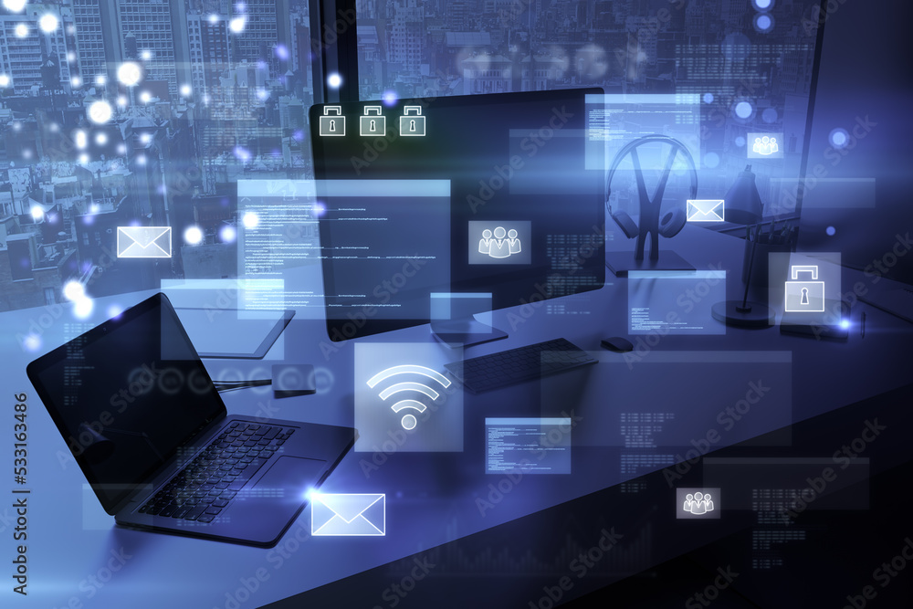Poster Close up of office workplace with computer monitors and abstract glowing digital transformation hologram on blurry background. Double exposure.