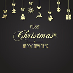 Fototapeta na wymiar Happy New Year or Xmas card with hanging Xmas ornaments. Vector illustration