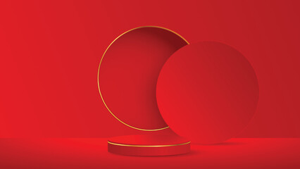 Red and gold round podium pedestal on studio lighting minimal background. Design creative concept product display mock up. 3D rendering illustration.