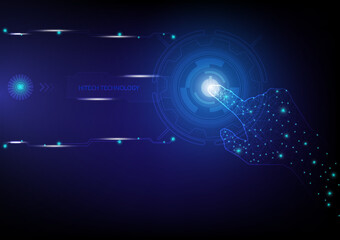 3d hand with index finger pressing or pushing button. Action or gesture concept in dark blue. Abstract vector image looks like starry sky. Digital polygonal wireframe with dots,lines and shapes