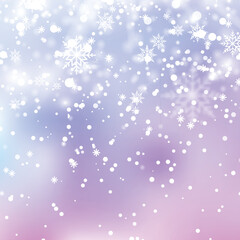 Happy New Year or Xmas sky background with falling snowflakes. Vector