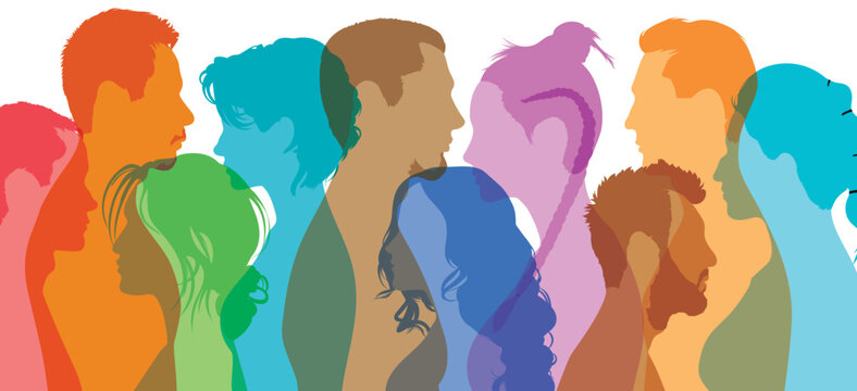 Symbol of multiculturalism, community, and teamwork. Abstract cartoon profile of a multicultural family. Friendship between multiethnic and multicultural families.