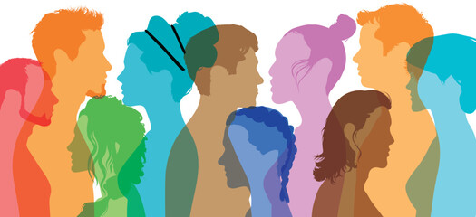 Symbol of racial equality and anti-racism. Multi-ethnic and multiracial group of men and women standing, smiling and holding hands.