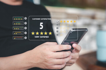 Customer review and satisfaction feedback survey concept, User give very satisfied rating to online application service experience, customer evaluate service quality leading to reputation and business