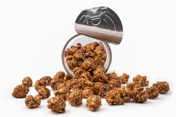 Sweet chocolate flavored popcorns pour out from packages on white background