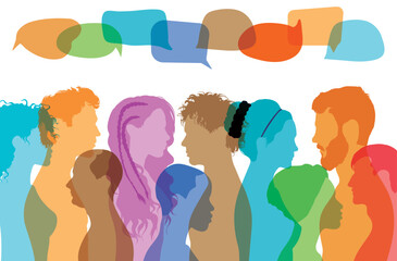 Communication text around them. Vector cartoon people in profile with speech bubbles talking and communicating on social networks.