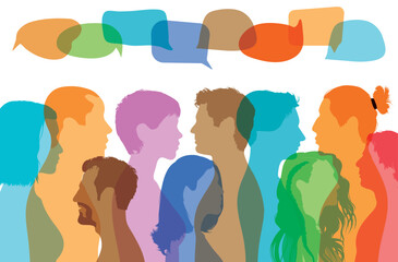 Social network communication and speech bubble. Cartoon face profile and crowd discussion. Group of multicoloured isolated people speaking.