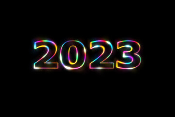 3D illustration New Year concept 2023 design with text glow rainbow design on a black color background.