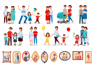 Family with Parent and Kids Walking Together and Portrait in Frame Big Vector Set