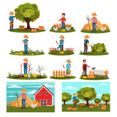 Farmer and Agricultural Worker Working in the Yard and Garden Big Vector Set