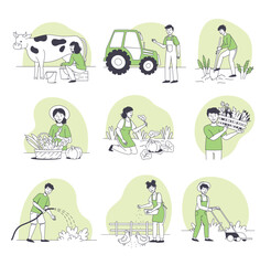 Farmer People Character Doing Agricultural Work Harvesting Crop and Milking Cow Vector Set