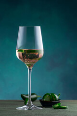 Rose pink wine with jalapeno pepper in wine glass, dark background, copy space