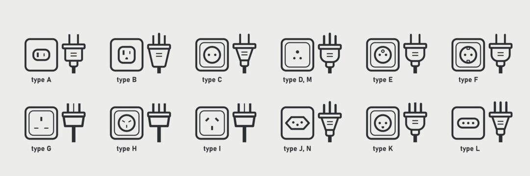 Different type power socket and plug set. World standards. AC power connector, American and European types of electric equipment. Vector illustration 