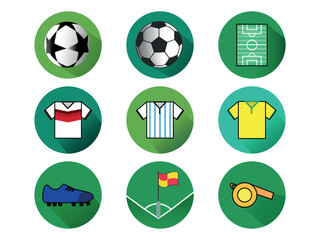 Soccer flat icons set images with long shadow in circles.
