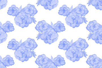Seamless pattern with blue roses on a white background.
