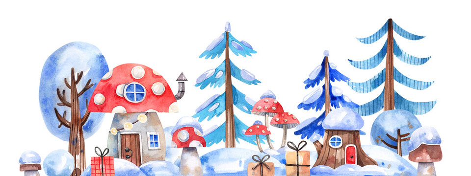 Cartoon winter background with fabulous snowy landscape, fly agaric, cute houses, Christmas trees. Watercolor illustration with fairy houses in a snowy forest.