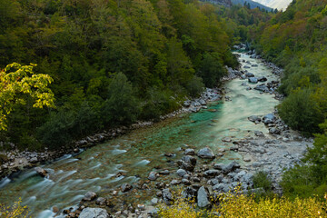 view into Soca river valley near Kobarid in Slovenia