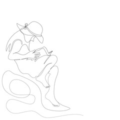 Side view one teenager girl is sitting and reading a book continue line style on white background.Single line of alone cute girl is reading magazines on stone.Vector illustration flat design character