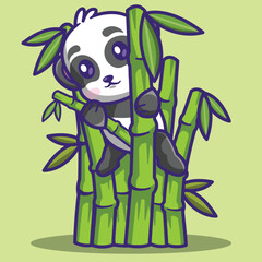 cute panda character climbing bamboo