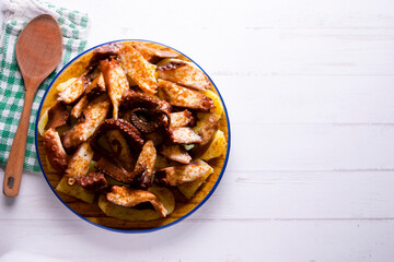 Galician-style octopus or feira-style octopus. Tapa recipe typical of the north of Spain from the region of Galicia. Octopus cooked with paprika and potato.