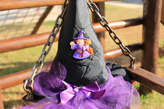 Black And Purple Witch Hat On A Halloween Day.