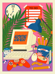 Retro computer poster, desktop folders and nostalgia icons. Old user interface. Desktop. aesthetic set of vintage elements. Retro groovy abstract interface illustration in vaporwave y2k style