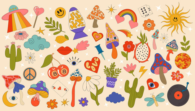 Retro 70s hippie stickers, psychedelic groovy elements. Funky cartoon mushrooms, cactus, rainbow, vintage set of vector elements in vintage style. stickers vinyl, sun, flowers