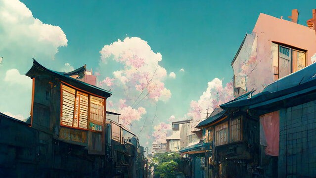 Japanese Style Neighborhood With Sakura Clouds