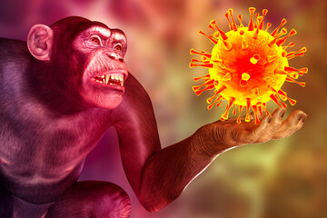 Monkey holding a virus, conceptual 3D illustration - obrazy, fototapety, plakaty