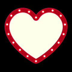 Vector empty retro circus billboard frame with electric bright glowing lamps. Light bulbs heart shape figure.