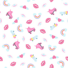 Seamless pattern with retro roller skates, lips, rainbow, heart with wings, mystical eye. Vintage texture in 80s 90s girly style