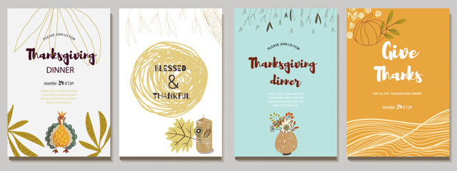 Abstract universal templates in autumn palette withvase, turkey, candle. Thanksgiving, business card, page cover, brochure, network post, advertising.