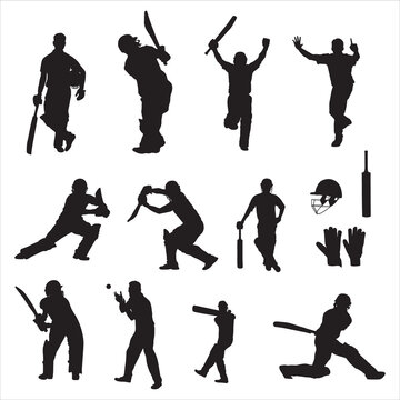 Cricket player silhouettes Collection, Set of cricket players silhouette