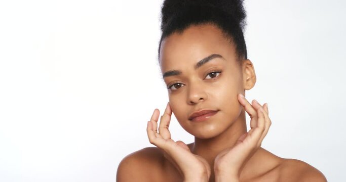 Beauty, makeup skincare black woman model with hands on face for healthy, wellness and facial nude skin cosmetic routine. Mock up African girl smile, glow and happy with natural dermatology treatment