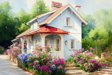 Painting with a house, flower beds.