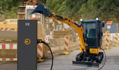 Concept of electric city excavator with charging station 