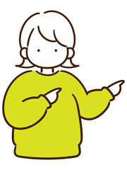 右側を指差すボブヘアの若い女の子のおしゃれな線画イラスト