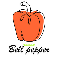 Bell pepper. One line vegetables collection. Natural plant cooking raw ingredient. Healthy vegan nutrition. Vitamin fresh vegetarian product. Outline element and text. Vector illustration