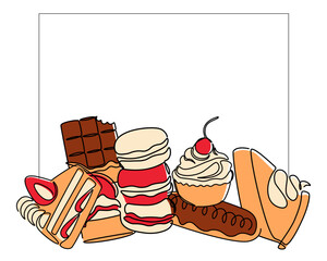 One line desserts. Cafe food menu border. Macaroon biscuit and cake. Delicious eclair and cupcake. Blank frame. Baked pie. Yummy chocolate. Tasty pastry. Vector outline confectioneries