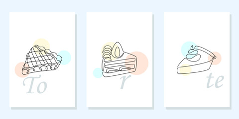 One line desserts. Outline cream cakes and pies. Cafe menu. Baked confectioneries. Pastry posters. Delicious birthday meal. Simple drawing. Color circles. Vector holiday food cards set