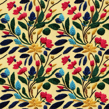 Embroidery floral seamless pattern. Flowers repeating oriental fabric backdrop. 3D illustration.