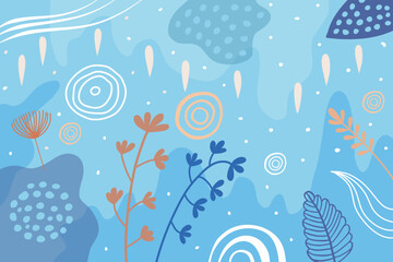 Fototapeta na wymiar Winter abstract Memphis flower background. Organic autumn pattern. Kids texture. Pastel blue backdrop. Spots and floral elements. Minimal circles. Plant leaves. Vector trendy illustration