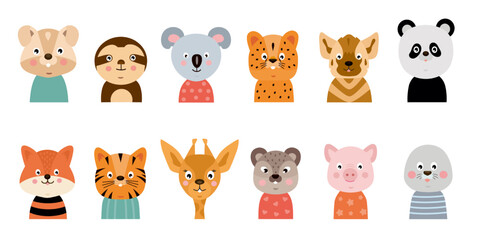 Baby animal faces, cute characters heads, baby shower, forest wildlife child card, simple zoo birthday party decor. Funny sloth, koala and tiger. Kids print and nursery. Vector cartoon icons