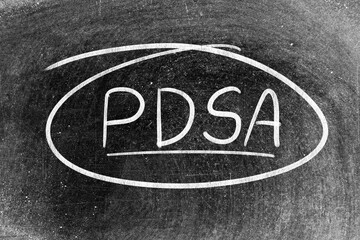 White chalk hand writing in word PDSA (Abbreviation of plan do study act) on blackboard background