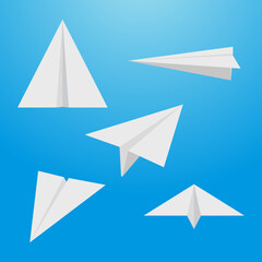 Paper plane various view flat design isolated on blue background. Paper plane icon.