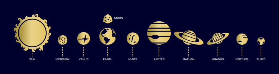 Planet icons. Solar system logo. Venus and Mercury in universe. Earth with Moon. Jupiter and Mars. Galaxy collection. Space gold signs. Cosmic elements set. Vector illustration background © Natalia