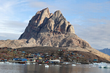 View of the Greenlandic town of Uummannaq with its distinctive rock © bummi100