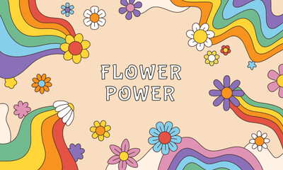 Groovy psychedelic flower power frame. Abstract art. Boho music banner. Bohemian positive logo. Blossoms rainbow traces. Colorful blooms. Funny floral background. Vector illustration