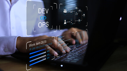 DevOps software development IT operation engineer work with agile gestures as programer development...